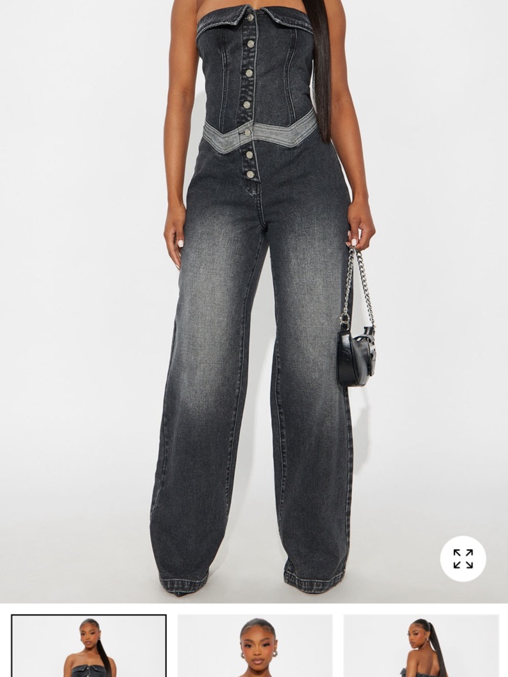 High-Rise Strapless Wide-Leg Jeans Jumpsuit - Black - Picture 3 of 3